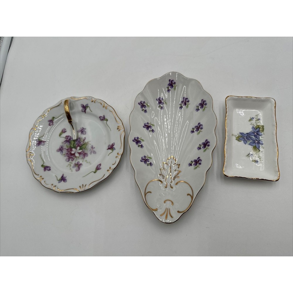 SPRING VIOLETS HAND PAINTED TRINKET RING LEMON DISH Lot Of 3 ROSSETTI Bavaria